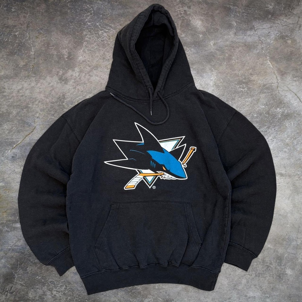 Vintage San Jose Sharks Faded Black boxy Fit Hoodie Adult Medium NHL 90s Y2K VTG